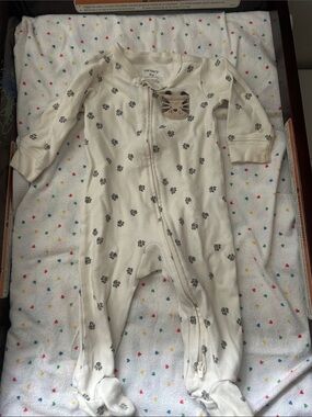 Carter's Cream Footed One-Piece with Gray Paw Prints and Kitty Patch